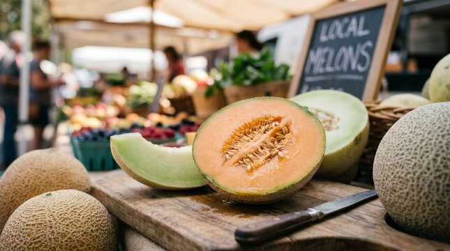 Fresh Sliced Cantaloupe and Honeydew Melons Displayed at Local Farmers Market