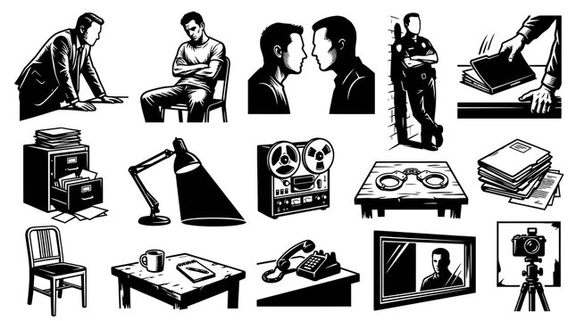 Detective Investigation Law Enforcement Black  White Line Art Vector Set: Crime Scenes  Office Tools