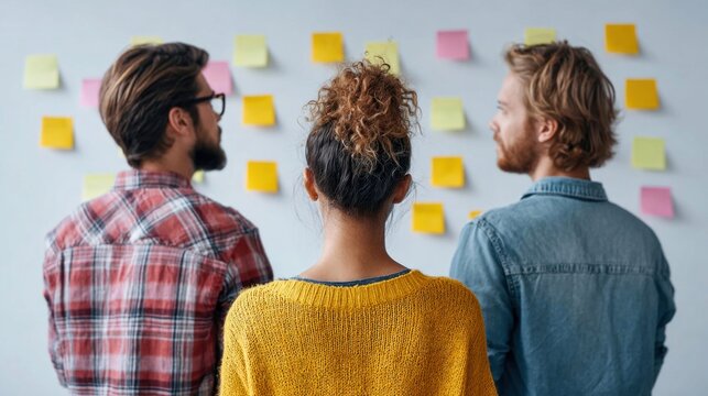 Diverse team collaborating on ideas using sticky notes on a wall
