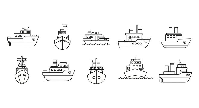 Minimalist ship and boat vector line icon collection