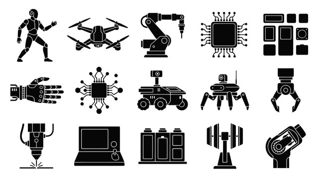 Modern Robotics, AI, and Automation Technology Glyph Icons Set - Industry 4.0 Solid Symbols