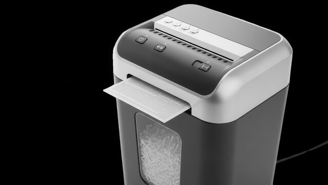 A grey and black paper shredder machine with a transparent window showing shredded paper scraps inside, isolated on a black background
