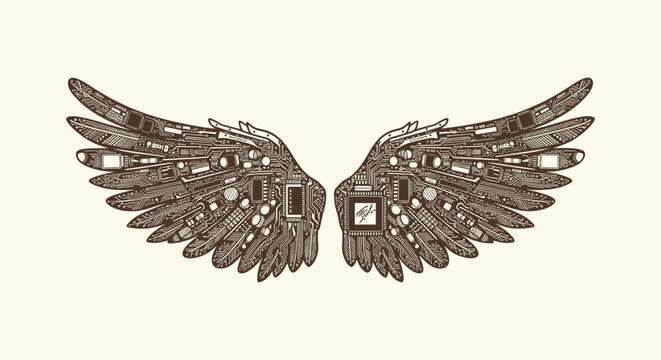 Stylized Wings Made of Electronic Circuits and Microchips for Technology and Innovation Concept.