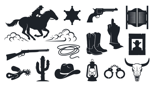 Wild West Cowboy Icons Set - Black and White Silhouette Collection of Western Elements