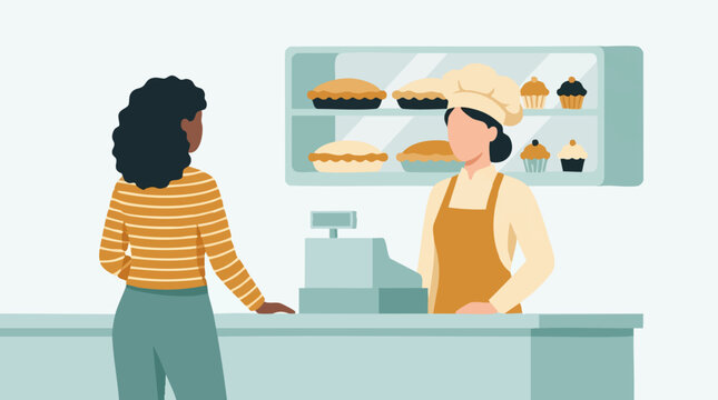 Woman buying baked goods from a baker in a minimalist bakery shop