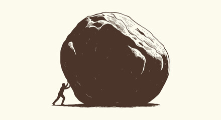 Man pushing a giant boulder uphill, a symbol of hard work, perseverance, motivation and struggle. © Bilkis Islam