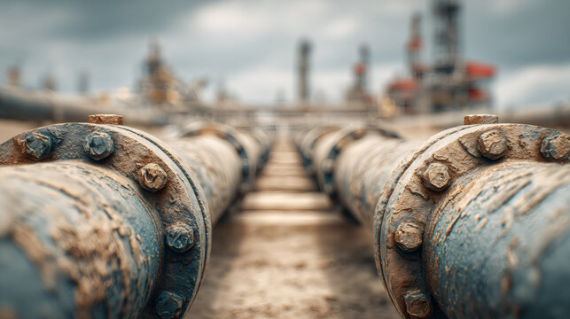 Rusty pipeline flanges in industrial facility. Engineering maintenance concept.