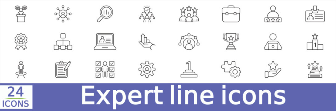   Expert icon set. Editable line icons. represents key elements of professional knowledge and consulting.brainstorming, strategy guide, mentor, problem solver, thought leader