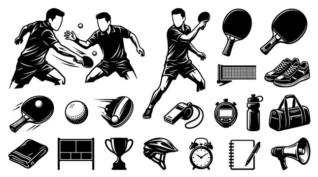 Monochrome Sports Icons Vector Set Featuring Table Tennis Players, Athletic Equipment, and Game Gear