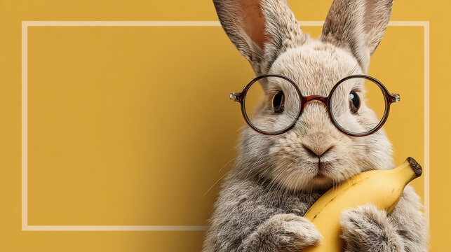 Funny rabbit wearing glasses holding banana on yellow background. Humor concept.