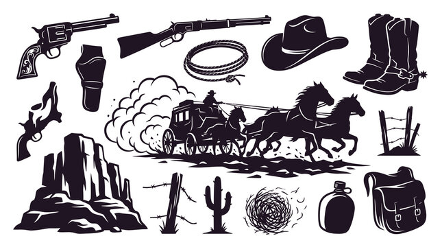 Wild West Cowboy Silhouette Icon Set: Classic American Frontier Vector Elements Collection