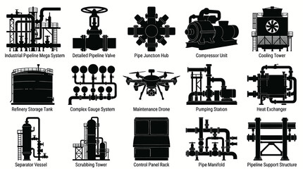 Fototapeta premium Industrial Pipeline Process Engineering Equipment Vector Icons Set - Black Silhouette Glyphs