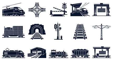 Obraz premium Railway and Train Transportation Glyph Icons Set. Modern, Cargo, Freight, Infrastructure, Logistics Silhouette Vectors.