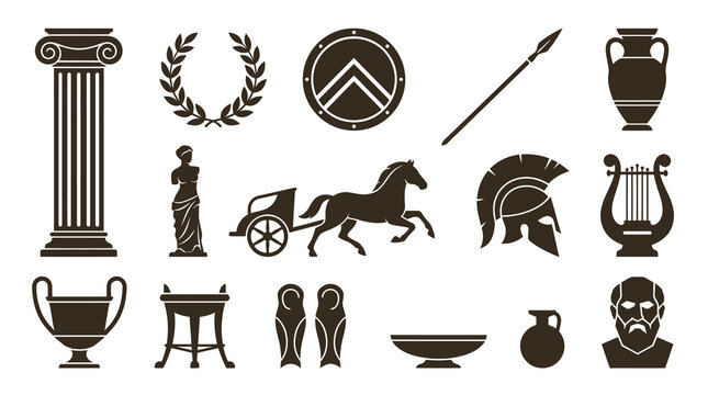 Ancient Greek Roman History Culture Glyphs Icon Set. Classical Mythology Symbols and Elements Silhouette Collection