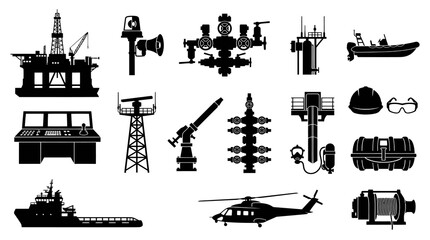 Obraz premium Offshore Oil and Gas Maritime Industry and Safety Equipment Black Silhouette Icons Set Vector Glyphs