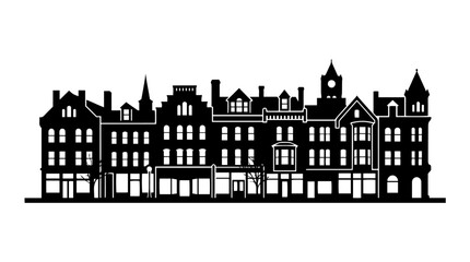 Obraz premium Vector silhouette of historic city street with row of ornate buildings and towers, classical architectural landmark art