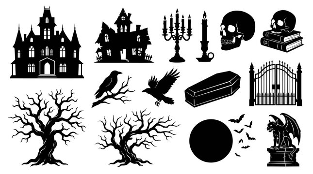 Halloween Gothic Horror Black Silhouette Icons Set with Spooky House Skull Tree Coffin Crows Bats Gargoyle