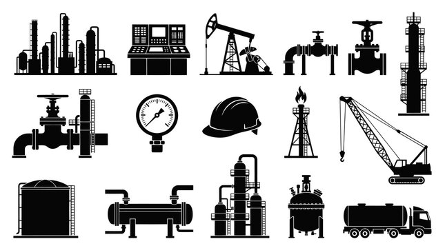 Oil and Gas Industry Industrial Equipment, Facility, and Safety Black Silhouette Glyph Icons Set