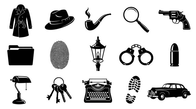 Detective Clipart: Black and White Icons of Vintage Detective Tools and Symbols
