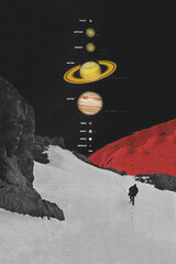 Pluto and the Solar System unfold across a snowy mountain landscape as a surreal cosmic journey travels through stars and distant planets © Lerson Pannawit
