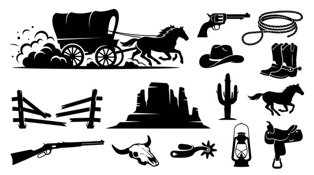 Wild West Cowboy Elements Collection - Black and White Silhouette Vector Icons Set