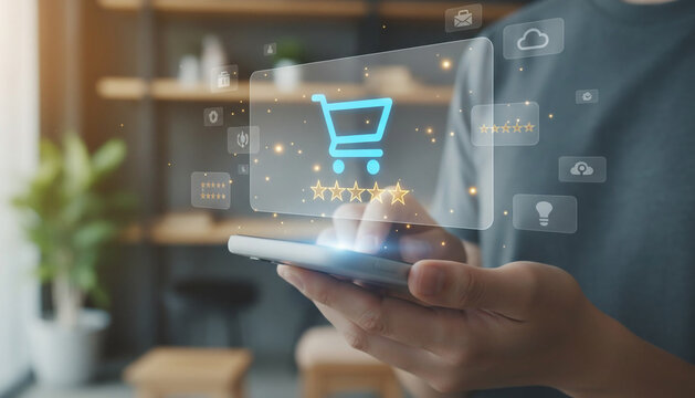 Person holding smartphone with shopping cart icon and star ratings hologram for ecommerce and customer feedback.