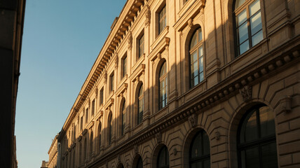 Fototapeta premium Classic european building facade at sunset with golden sunlight hitting stone walls and arched windows showing ornate architectural details of historic urban landmark in city center under blue sky.