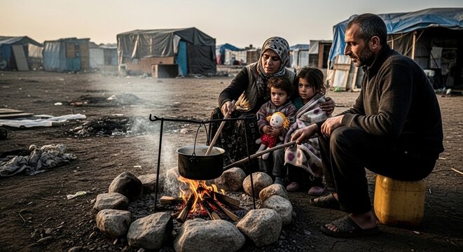 Family Cooking Over Open Fire in Refugee Camp - Poverty and Hope