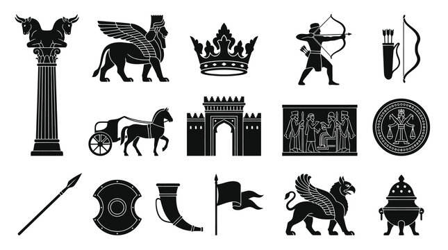 Ancient Persian Symbols Glyph Icons: Horse Carriage, Griffin, Crown, Archery, Spear