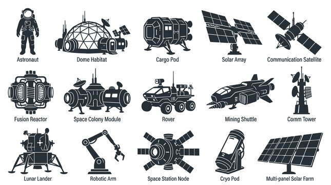 Space Exploration Icons: Astronaut, Rover, Rocket, Solar Panels, Black  White Vector