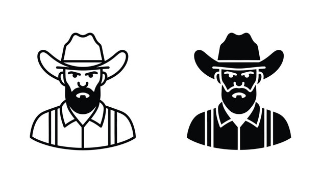 Cowboy icon set featuring bearded man with hat and suspenders in outline and solid black silhouette for western lifestyle branding