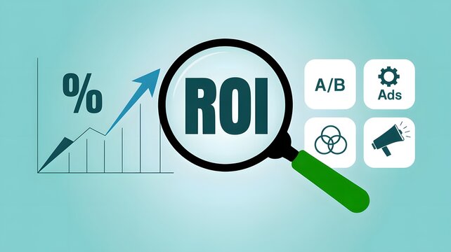 A magnifying glass focuses on ROI metrics with increasing graph and ads nearby