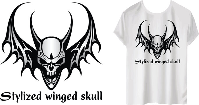 Stylized winged skull gothic horror t-shirt vector