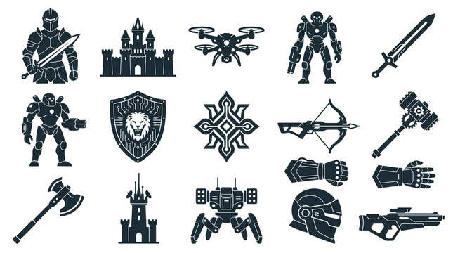 Gaming Fantasy and Sci-Fi Glyph Icons Set: Characters, Weapons, Structures, and Futuristic Technology Elements