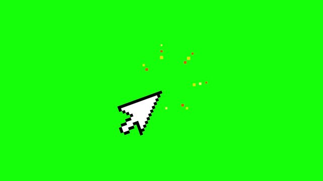 Pixel cursor click animate green screen chroma key. Retro arrow pointer motion effect display. White black pixelated mouse icon spark