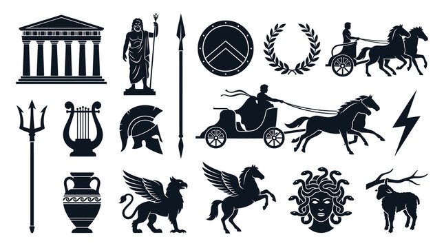 Ancient Greek Mythology  History Vector Icons Set. Gods, Creatures, and Culture Glyph Silhouettes.