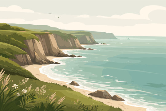 Softly toned vector artwork portraying a still shoreline where weathered bluffs descend to placid waters, using a restrained palette of sage and slate to evoke solitude, stillness, and coastal