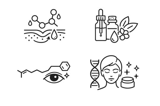 Comprehensive set of cosmetic formula vector icons depicting exfoliating acids essential oils retinaldehyde and anti-aging skincare ingredients for beauty science dermatology and wellness labs.