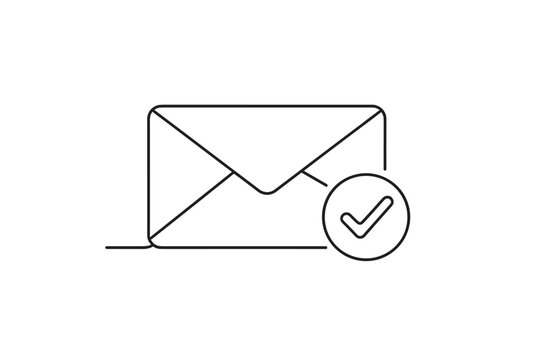 Minimalist continuous line drawing of a mail envelope with a check mark symbol representing successful delivery sent message confirmed email and efficient business communication concepts.