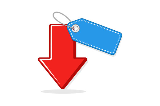 Simple flat vector illustration of a price down tag with a bold red arrow and blue label isolated on white background perfect for e-commerce sales promotions discounts and seasonal offers.