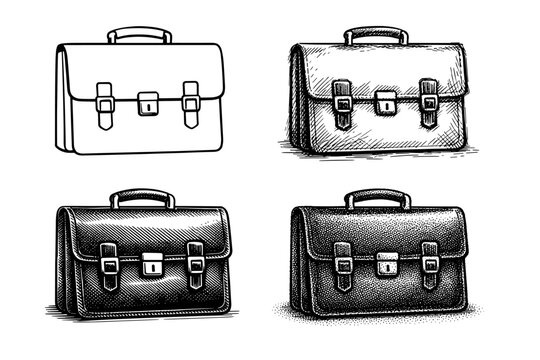 Elegant set of four black briefcase illustrations demonstrating a progression of artistic styles from simple minimalist line art to complex detailed designs for professional business use.