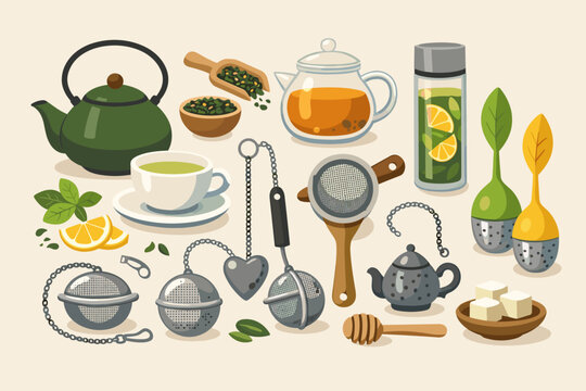 Stylish collection of tea accessories and strainers for the perfect brewing experience, rendered in a simple flat vector illustration style for modern lifestyle and cafe branding projects.