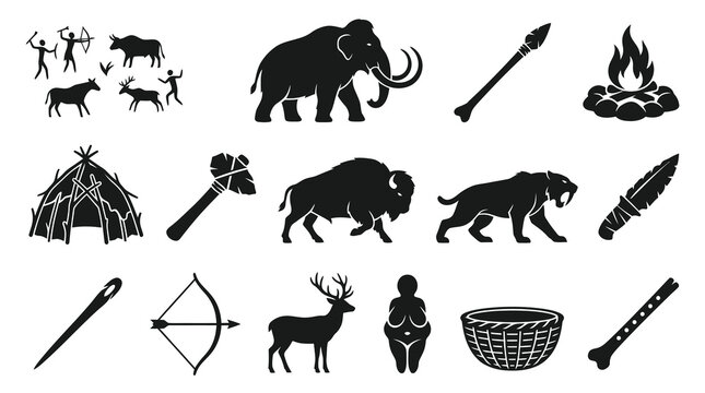 Prehistory Stone Age Glyph Icons Set: Ancient Life, Tools, Weapons, Animals, and Caveman Symbols