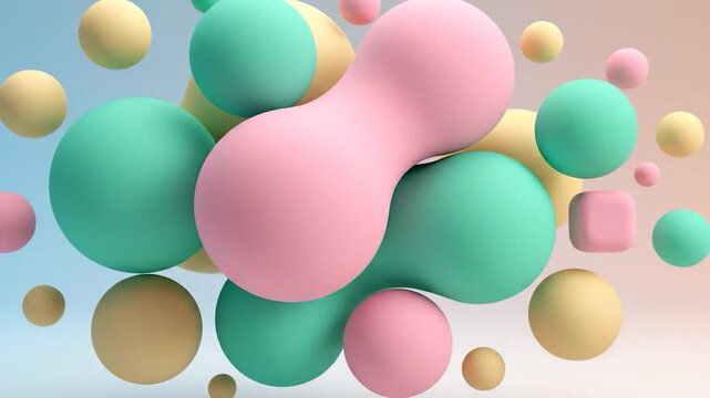 Floating pastel spheres and cubes in soft matte finish creating a modern geometric composition style