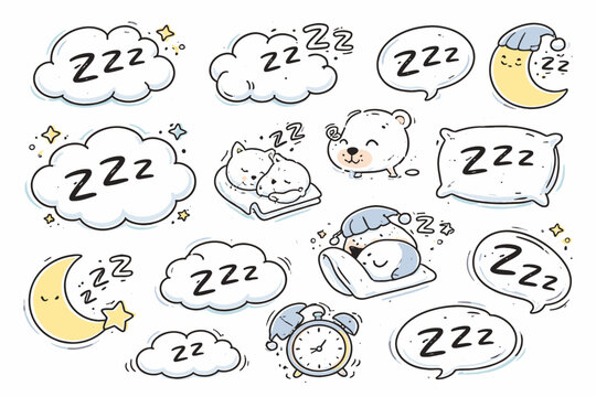 Sleepy Zzz sound bubble icon set with bed snooze and nap symbols, hand-drawn doodle clouds for snoring and rest representation in a playful comic style vector illustration for wellness apps.