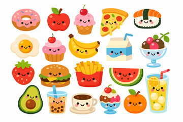Fototapeta premium Whimsical Assortment of Food Characters with Joyful Expressions; Sweet Treats, Fresh Fruits, and Beverages in a Playful Cartoon Style for Youthful Branding and Cheerful Graphic Layouts.