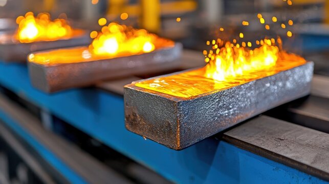 Fiery Molten Metal Ingots on Conveyor Belt