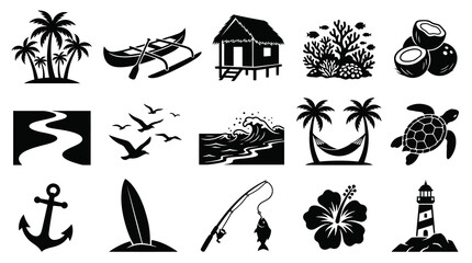 Obraz premium Tropical Beach Icons Set - Palm Trees, Hut, Kayak, Coconut, Turtle, Lighthouse