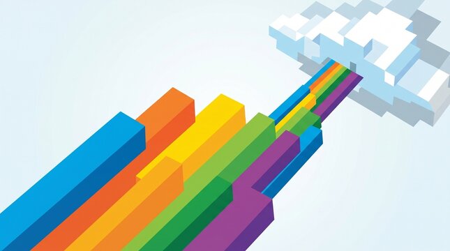 Dutch Angle Chart Staircase Vector Art | Colorful Ascending Geometric Bar Charts Into Digital Cloud