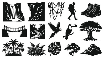Naklejka premium Outdoor Adventure Nature Tropical Travel Black and White Silhouette Icon Set Collection